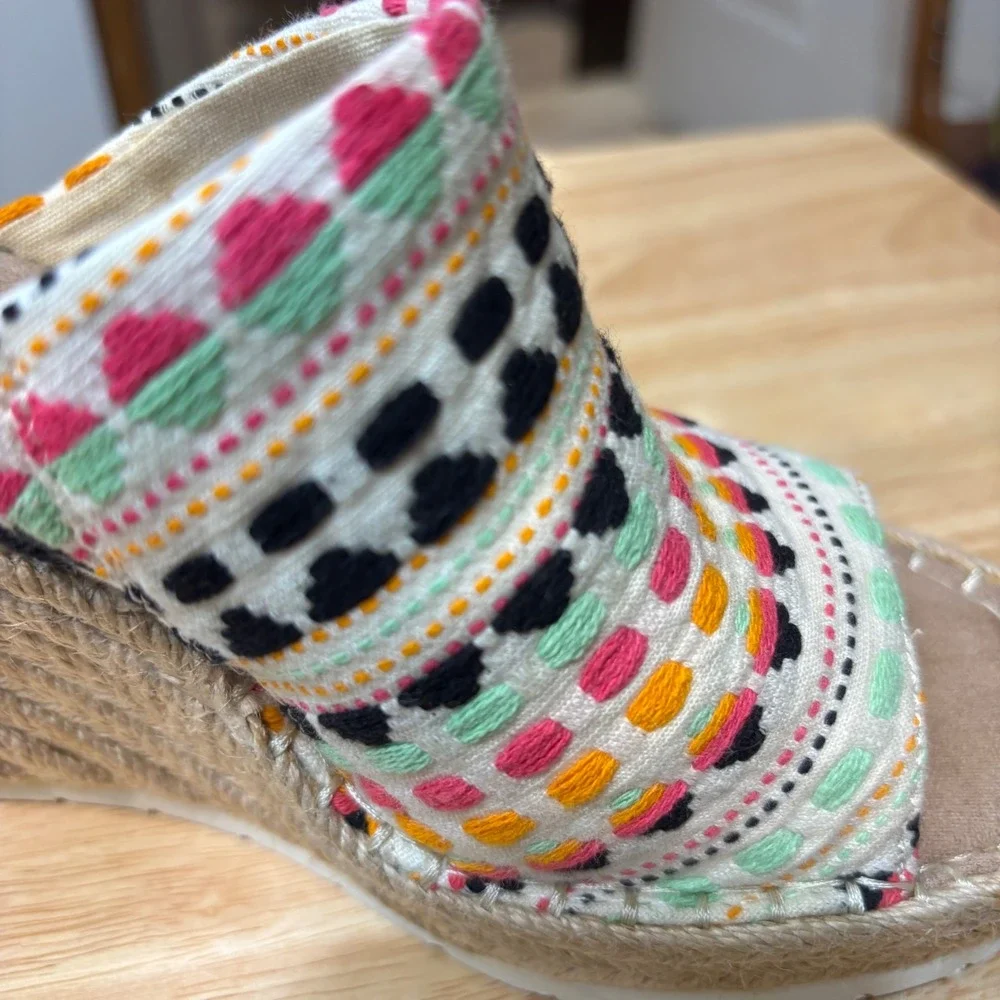 TOMS Monica Wedge Sandals Women 6.5 Multi Color Embroidered Espadrille